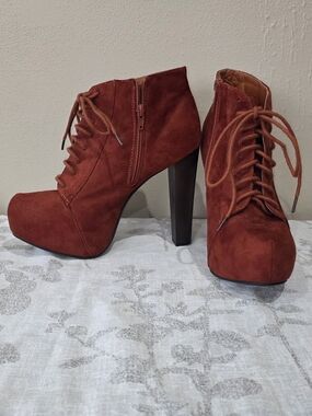 Charlotte Russe Burnt Orange Suede Lace-Up Platform Ankle Boots